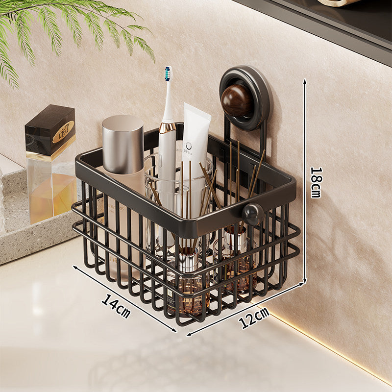 Suction-Mounted Rectangular Bathroom Vanity Organizer Basket with Drainage Grid and Removable Cup