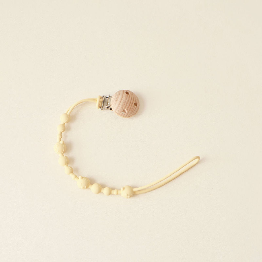 Silicone Beaded Pacifier and Teether Clip with Wooden Safety Clip