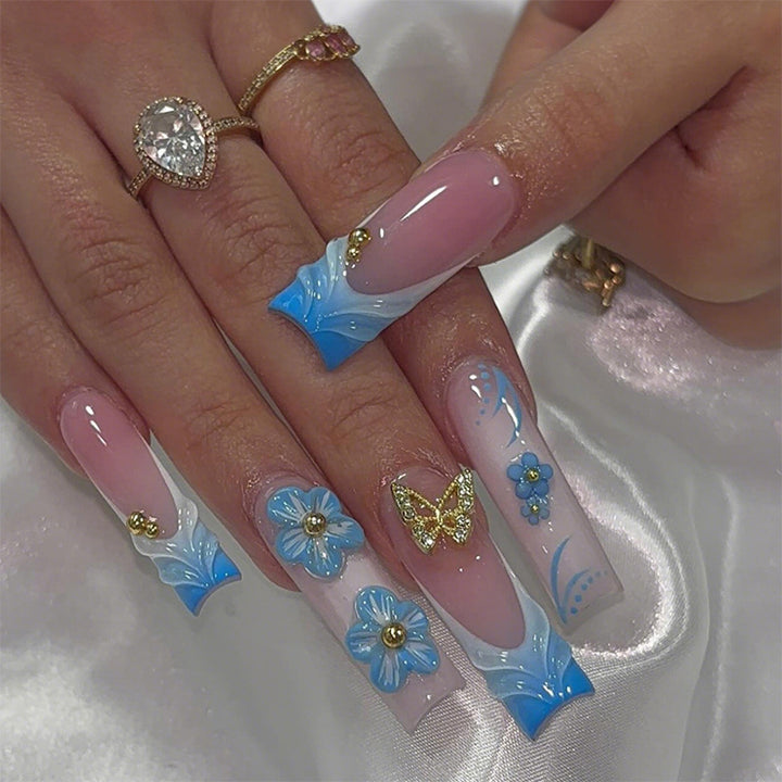 Artistic Press-On Nail Set with Floral and Butterfly Designs kalsten