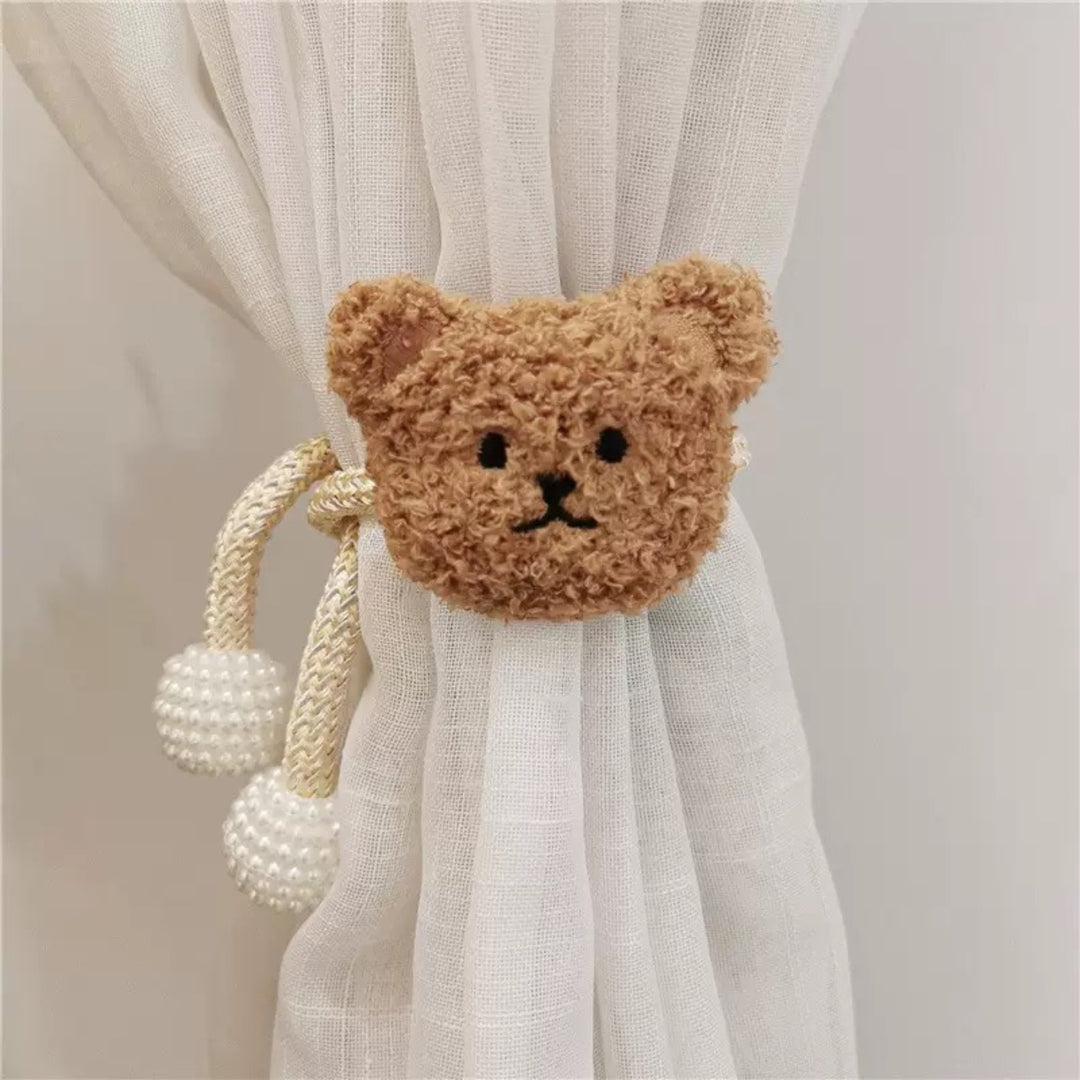 Plush Bear Curtain Tieback with Braided Rope and Pearl Tassels