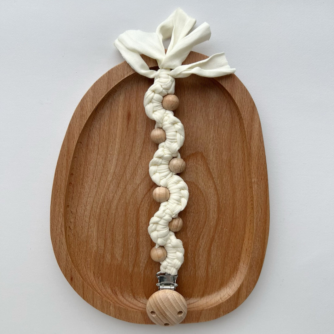 Macrame Boho Wooden-Bead Pacifier Holder Clip with Metal Safety Clamp