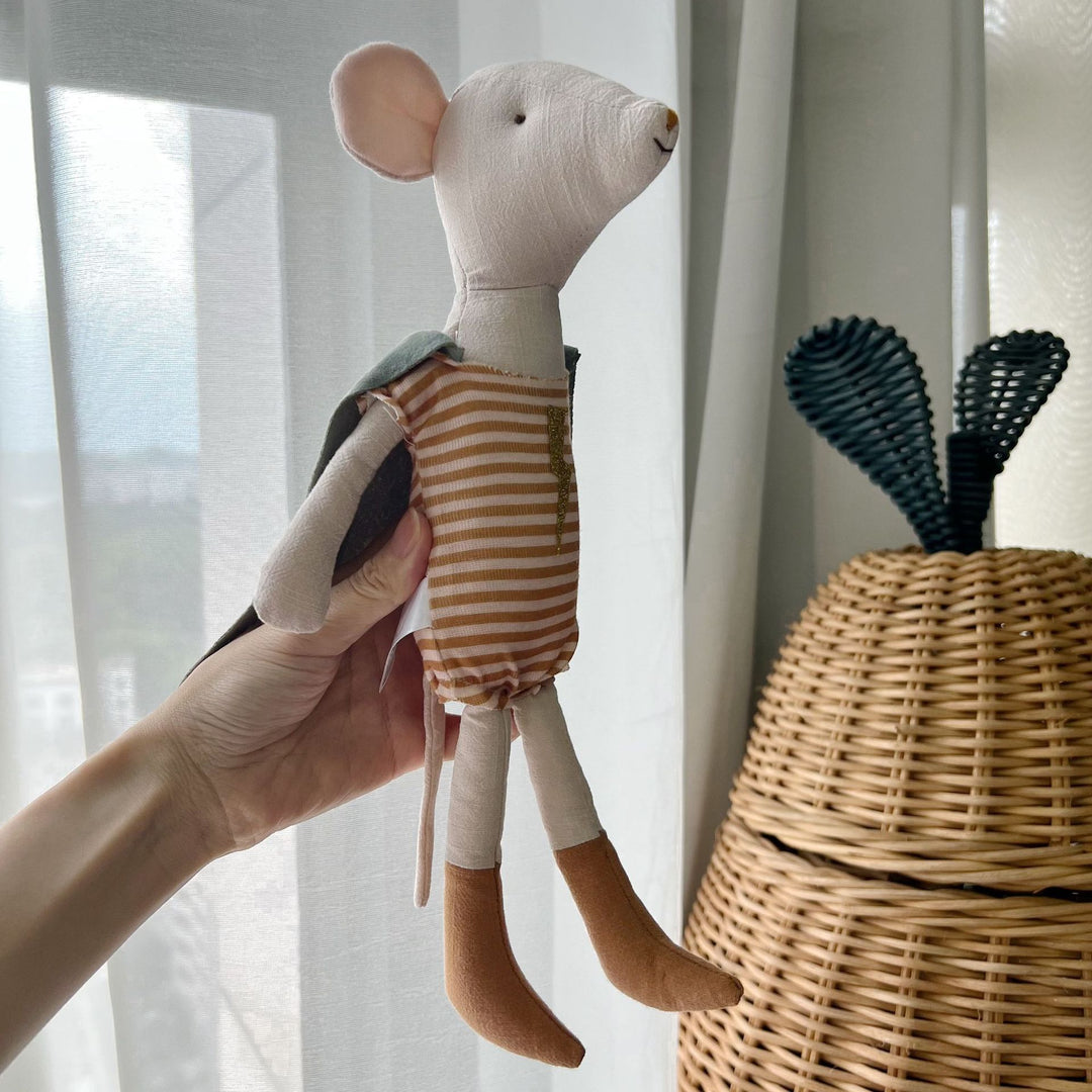 Handcrafted Long-Legged Linen Mouse Plush Doll with Striped Romper