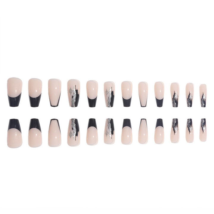 Elegant Stiletto Press-On Nails with Artistic Black Tips and Silver Accents Kalsten