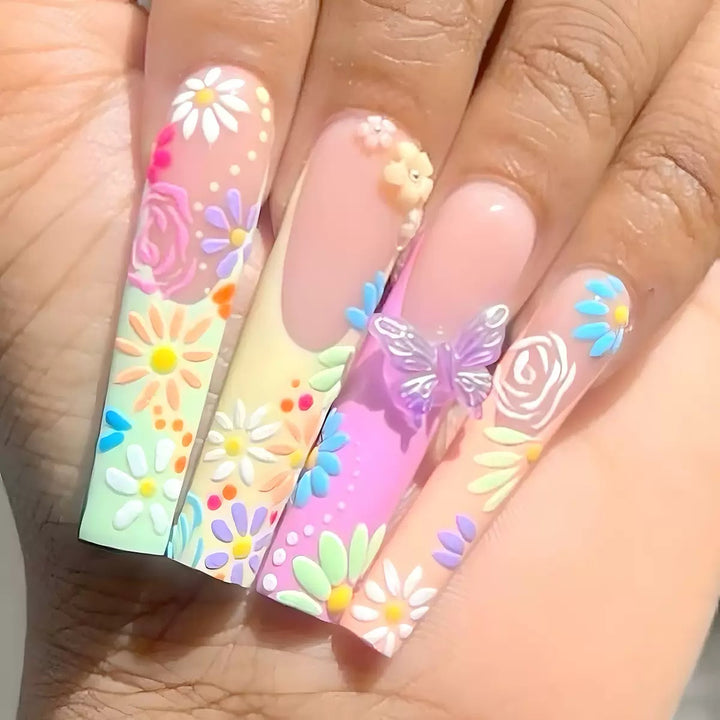Artificial nails with floral patterns and 3D decorations Kalsten