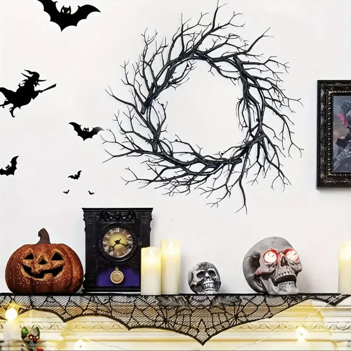 Halloween decorative wreath made of artificial branches with a natural branch look