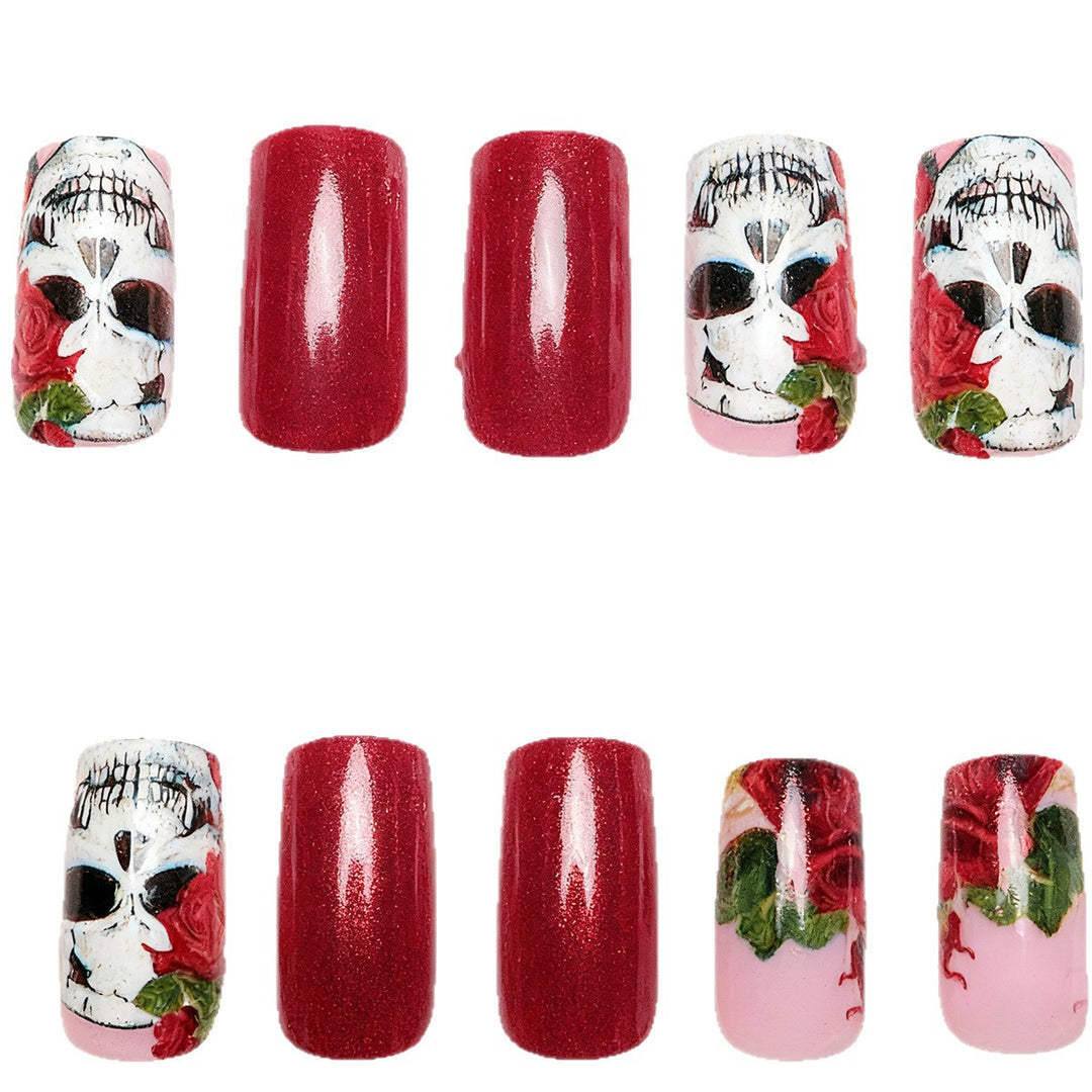Artistic Nail Tips with Skull and Rose Pattern Kalsten
