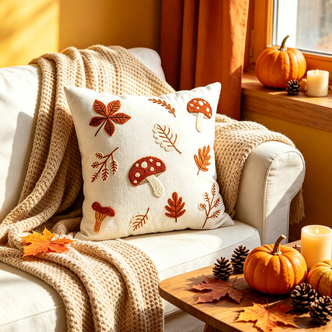 Embroidered Mushroom Linen Lumbar Throw Pillow Cover