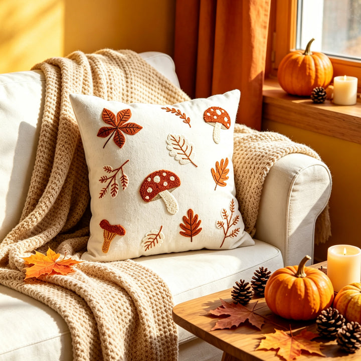 Embroidered Mushroom Linen Lumbar Throw Pillow Cover