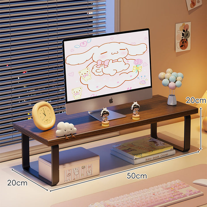 Elevated Monitor Riser Stand with Wood-Effect Top Metal Frame and Under-Shelf Storage