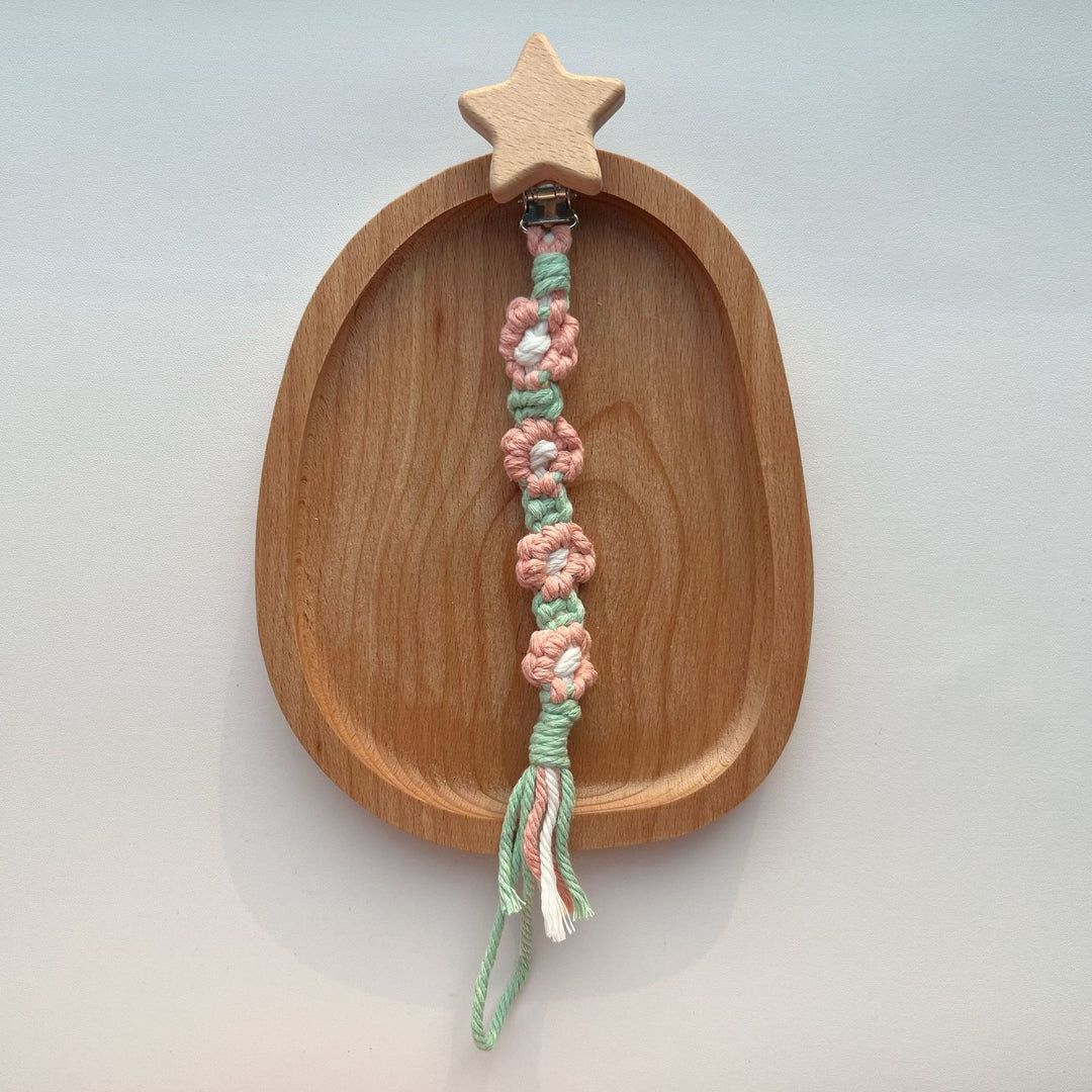 Macramé Stroller and Pacifier Lanyard with Wooden Star Clip