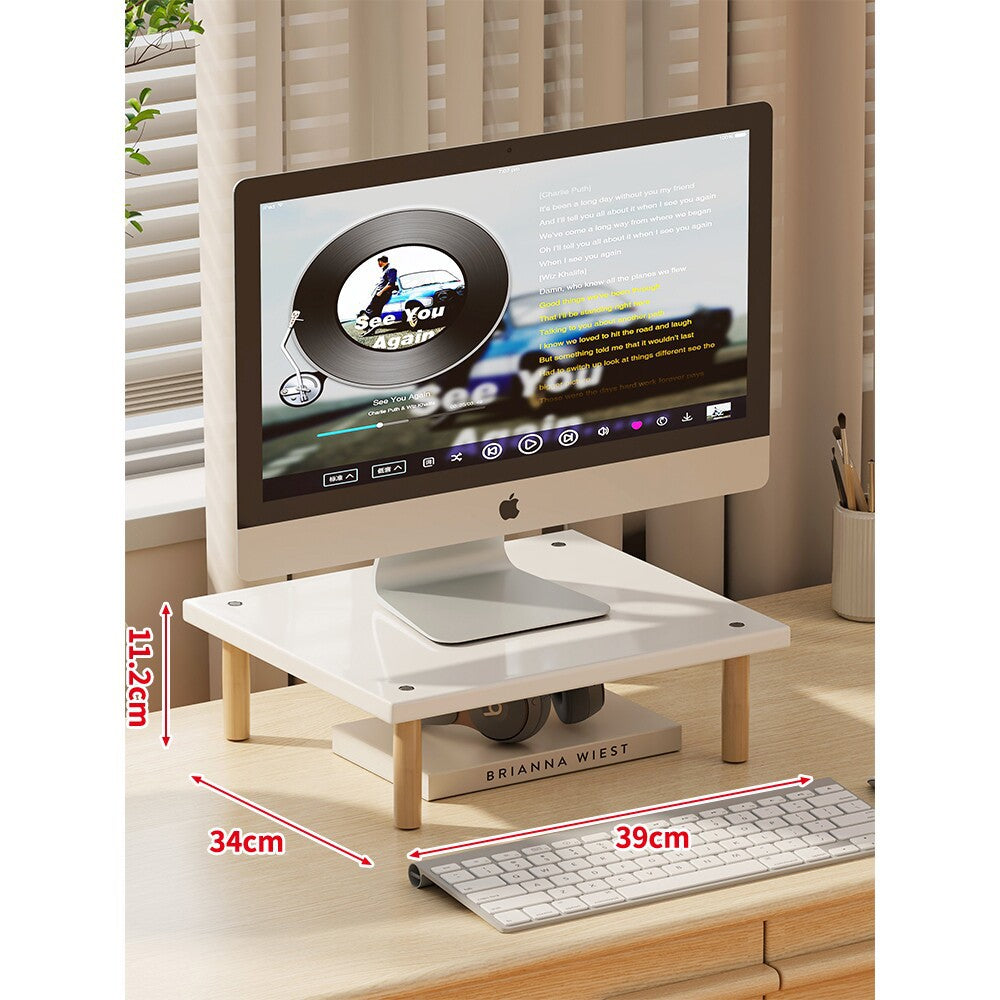 Compact Elevated Monitor Riser Stand with Wooden Legs and Under-Storage
