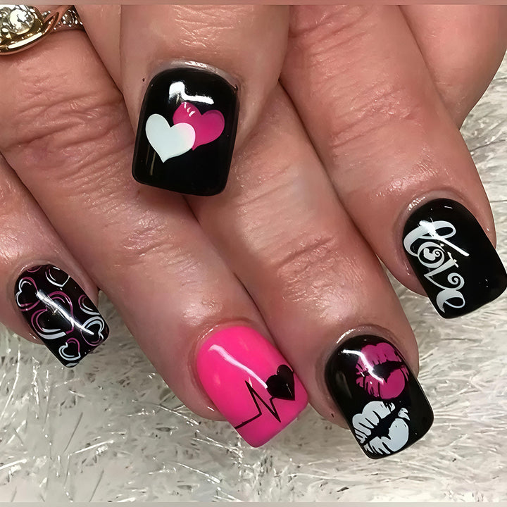 Acrylic nail design with hearts and kiss motifs Kalsten