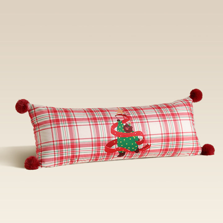 Long decorative lumbar and neck pillow in Christmas check with pompom and dog-tree motif Kalsten