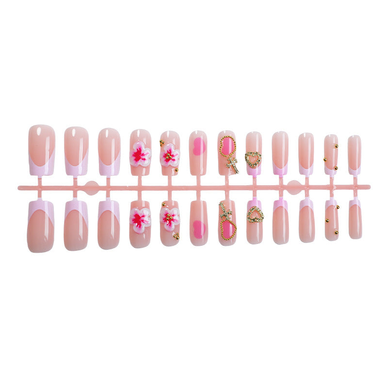 Decorative Floral Press-On Nail Set with Gem Accents kalsten