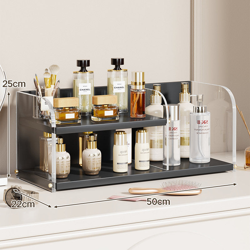 Two-Tier Countertop Beauty and Skincare Organizer with Adjustable Middle Shelf and Vertical Wire Panels