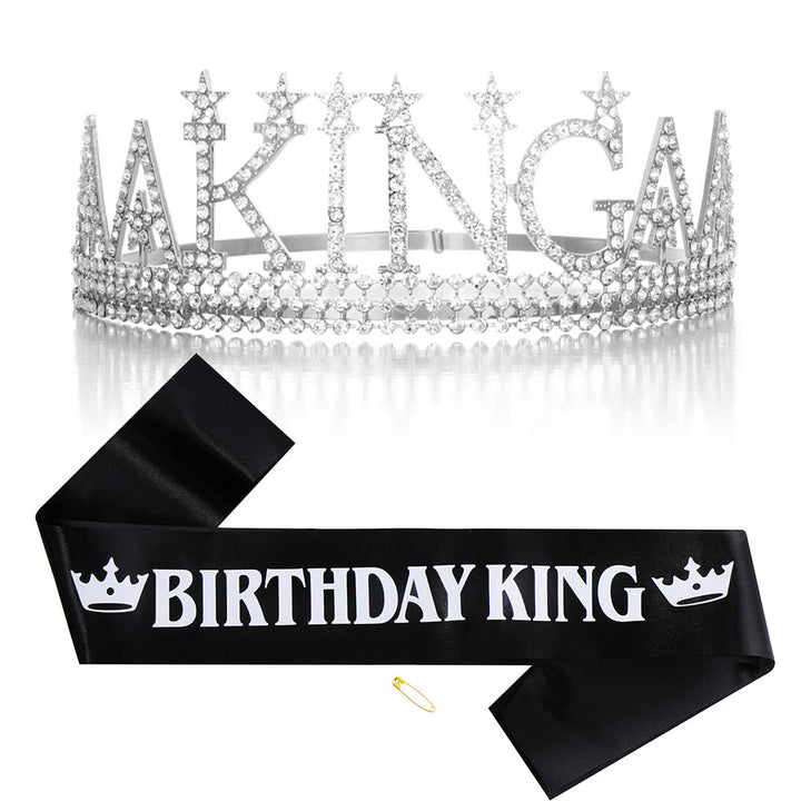 Ladies Glittering Birthday Crown with a Regal "Birthday King" Sash Set Kalsten