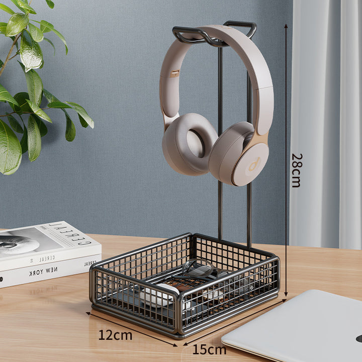 Overhead Headphone Stand with Integrated Wire Mesh Storage Tray and Vertical Metal Support