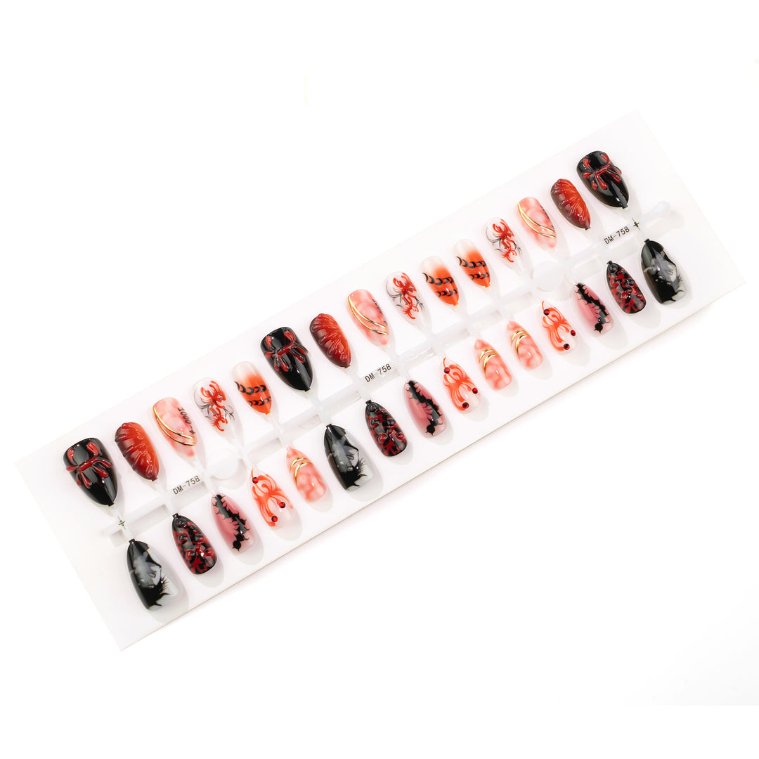 Artistic Press-On Nail Art Set with Intricate Spider and Skull Designs Kalsten
