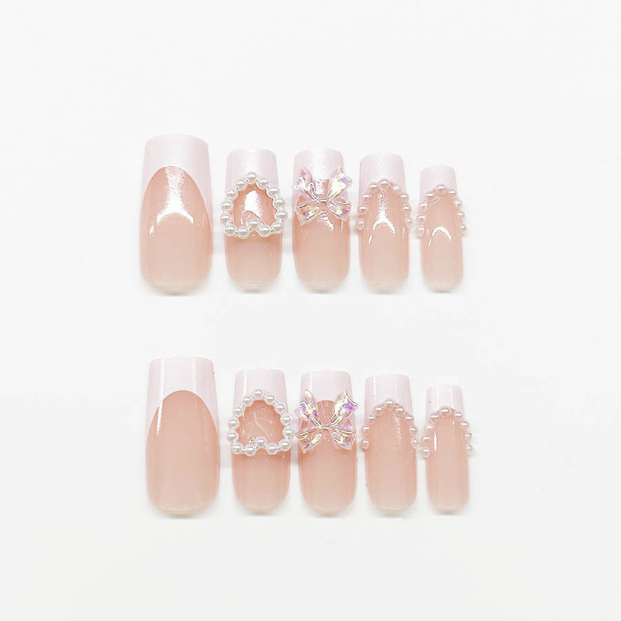 Acrylic nail set with elegant pearl and 3D flower decorations Kalsten
