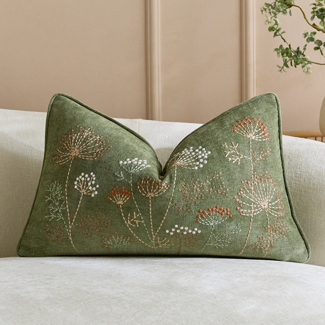 Square Embroidered Linen-Blend Decorative Throw Pillow Cover with Piped Edge