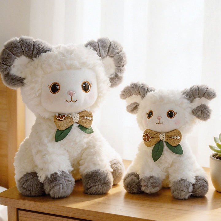 Curled-Horn Ram Plush Collectible with Embroidered Face, Bow Collar & Soft Faux Fur Kalsten