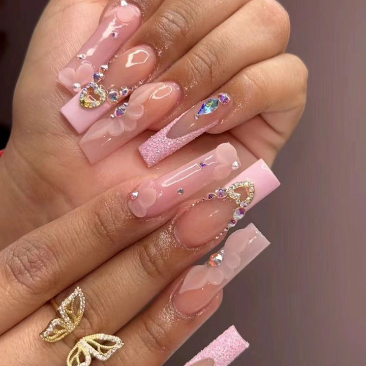 Decorative Long Press-On Nail Set with Floral and Gem Details Kalsten