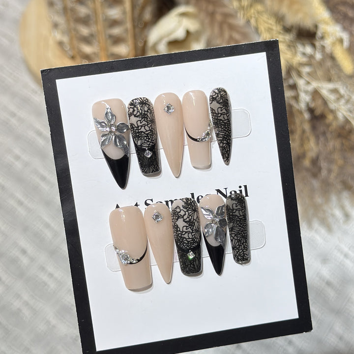 Artistic Stiletto Press-On Nail Set with Floral and Geometric Accents Kalsten