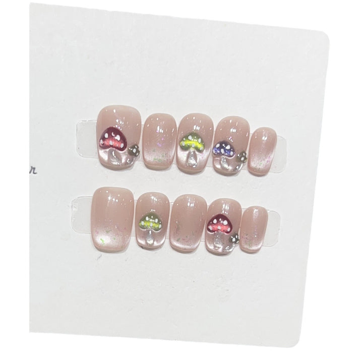 Artistic Press-On Nail Set with Playful Mushroom Designs Kalsten