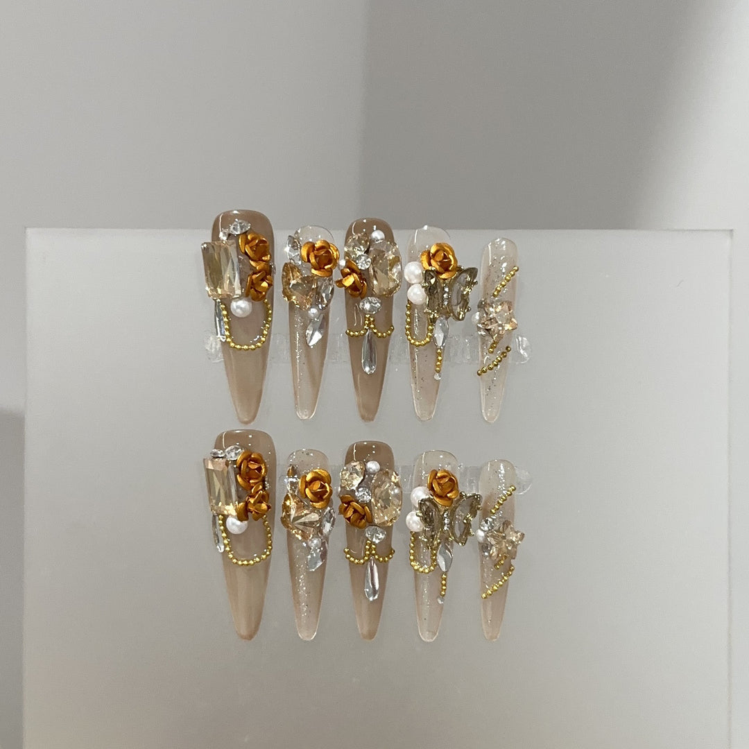 Decorative Stiletto Press-On Nail Art Set with Floral and Gemstone Accents