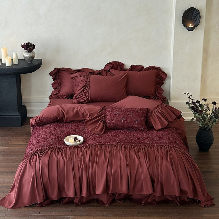 Luxurious bedspread and pillow collection with floral 3D embroidery and gathered hem