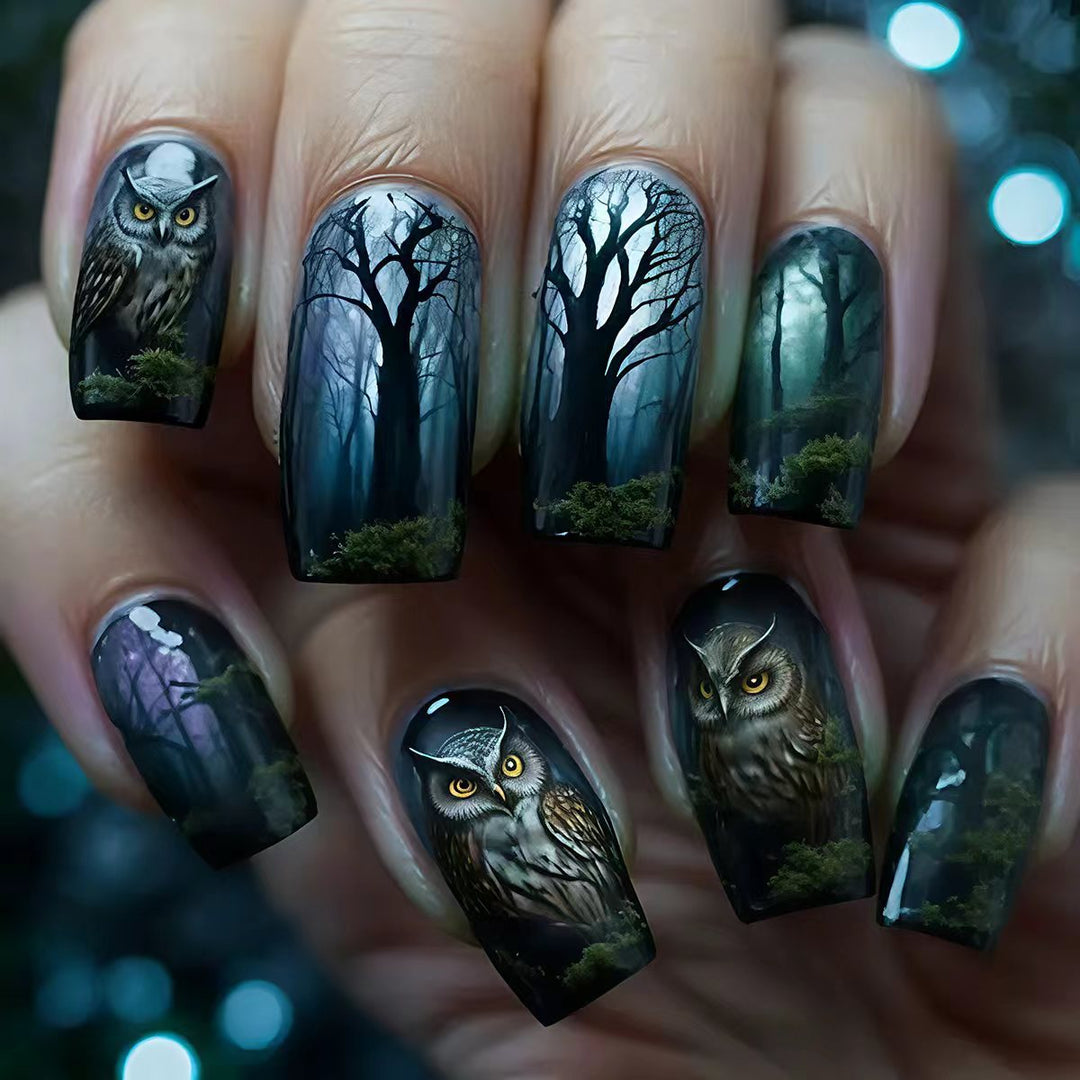 Artificial nails with elegant owl and forest motif Kalsten