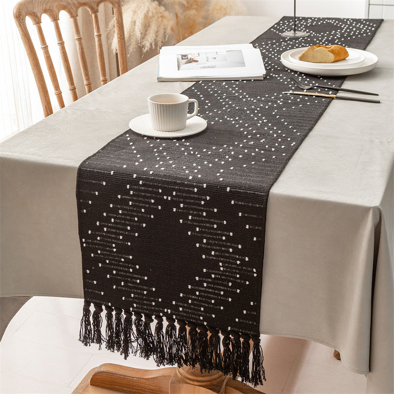 Handwoven table runner made of cotton blend with fringes and geometric dot jacquard Kalsten