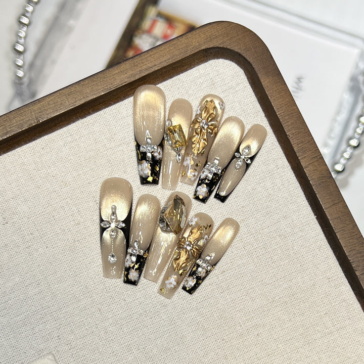 Elegant Decorative Press-On Nail Art Set with Rhinestone and Floral Accents Kalsten
