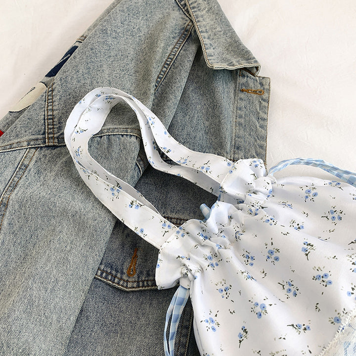 Floral-Embellished Drawstring Tote Bag