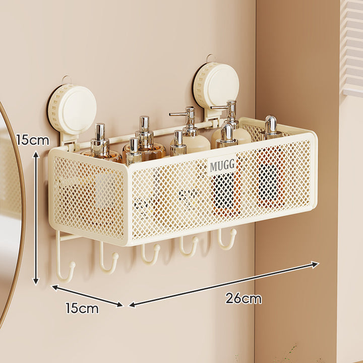 Wall-Mounted Suction Mesh Bathroom Organizer Shelf with Multi-Hook Rack