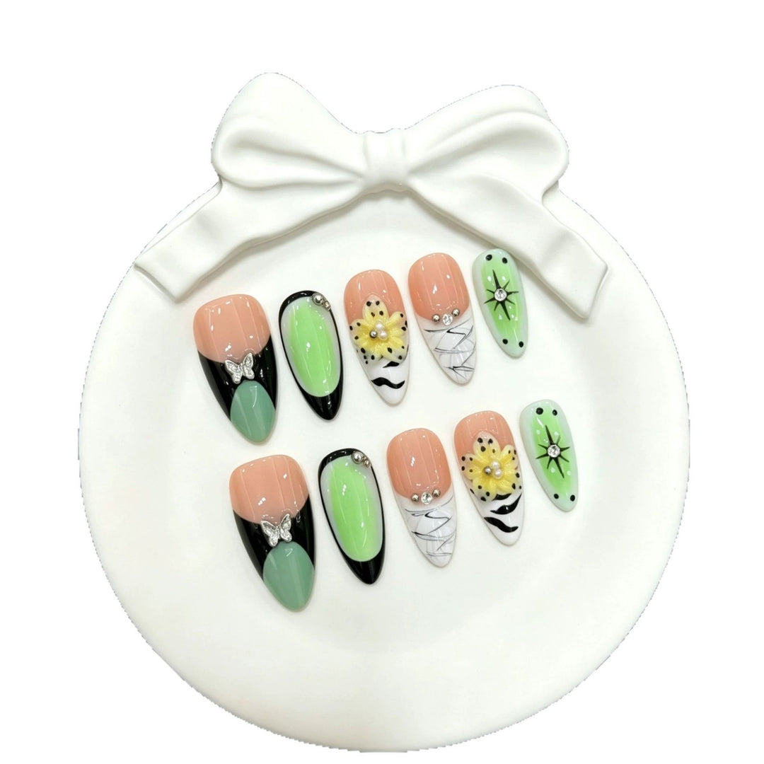 Artistic Press-On Nail Art Set with Floral and Butterfly Accents