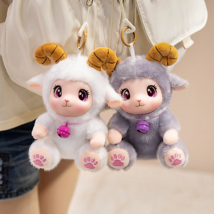 Plush Ram Keychain Charm with Curly Faux-Fur, Sculpted Face, Bell Necklace and Metal Ring Kalsten