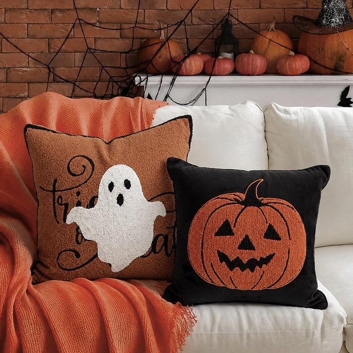 Square Decorative Pillow with Embroidered Halloween Ghost and Boucle Surface Kalsten