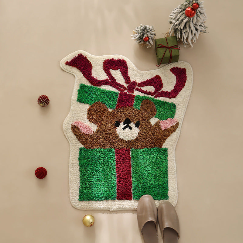 Playful gift-shaped doormat with tufted teddy bear motif Kalsten
