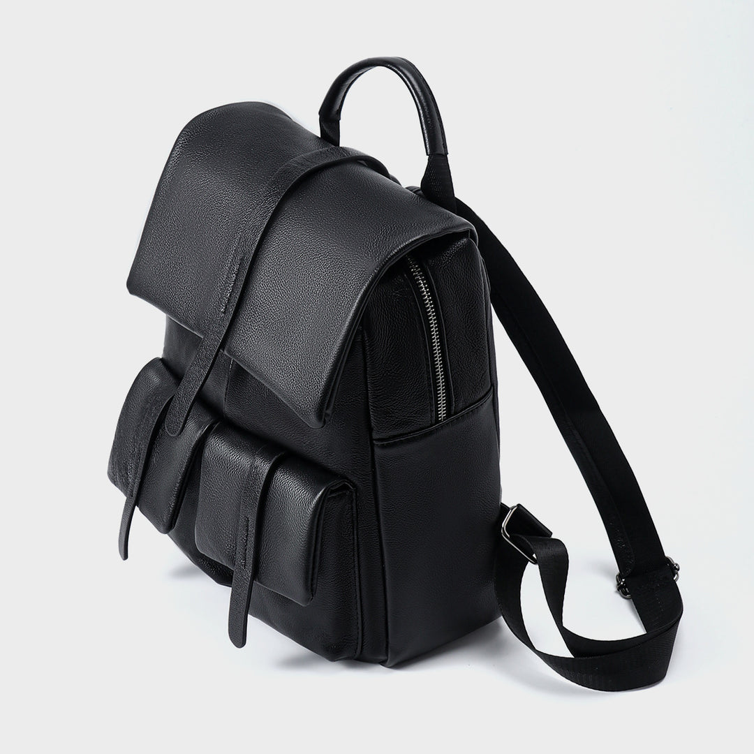 Leather Flap Backpack with Dual Front Pouches and Top Handle