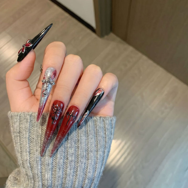 Artistic Stiletto Press-On Nail Set with Unique Gothic Design Elements Kalsten