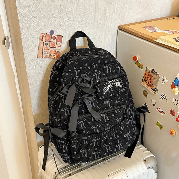 Playful Bow-Embellished Corduroy Backpack Kalsten