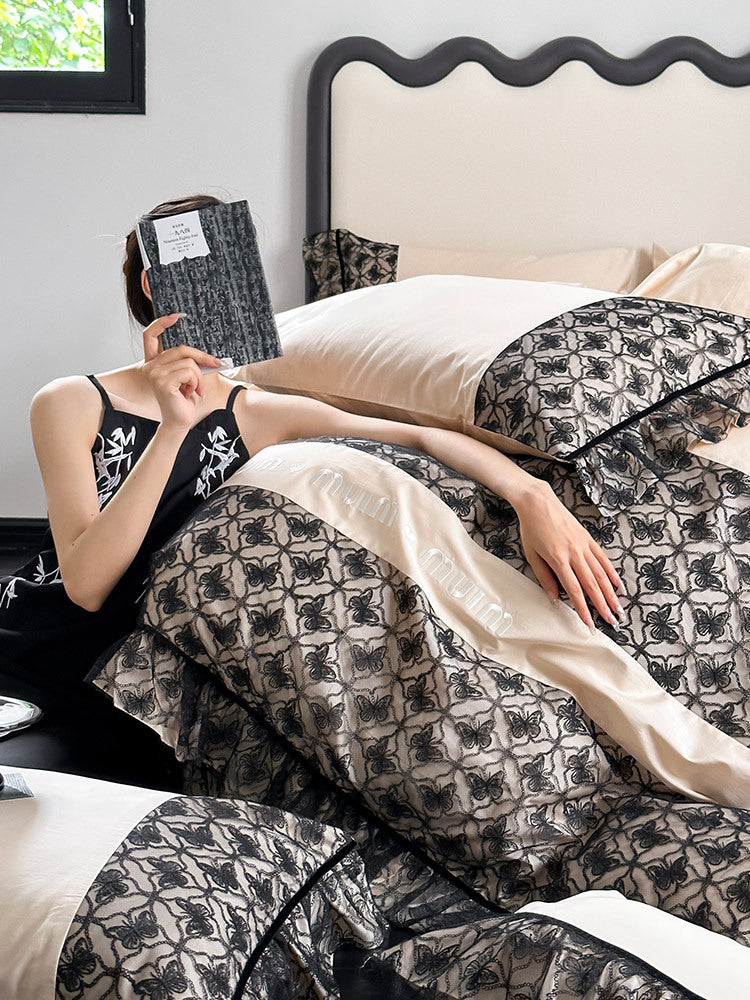 Luxurious Reversible Cotton Satin Bedding Set with Jacquard Border and Ruffle