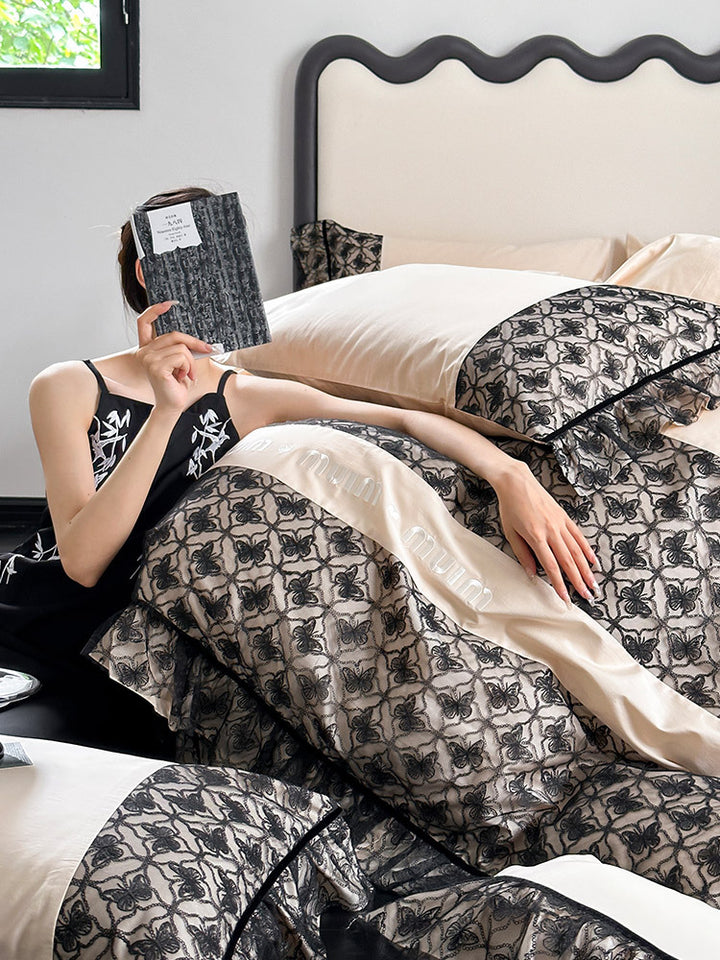 Luxurious Reversible Cotton Satin Bedding Set with Jacquard Border and Ruffle
