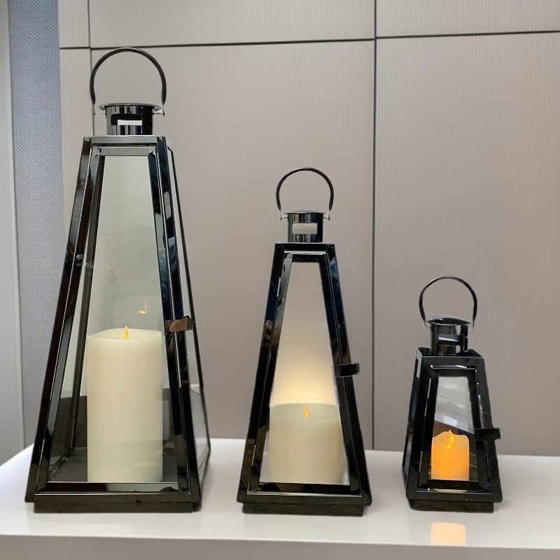 Modern Triangular Glass Candle Lantern Set with Gold Metal Frame Kalsten