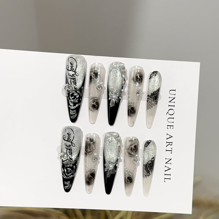 Elegant Stiletto Press-On Nail Art Set with Floral and Gemstone Accents