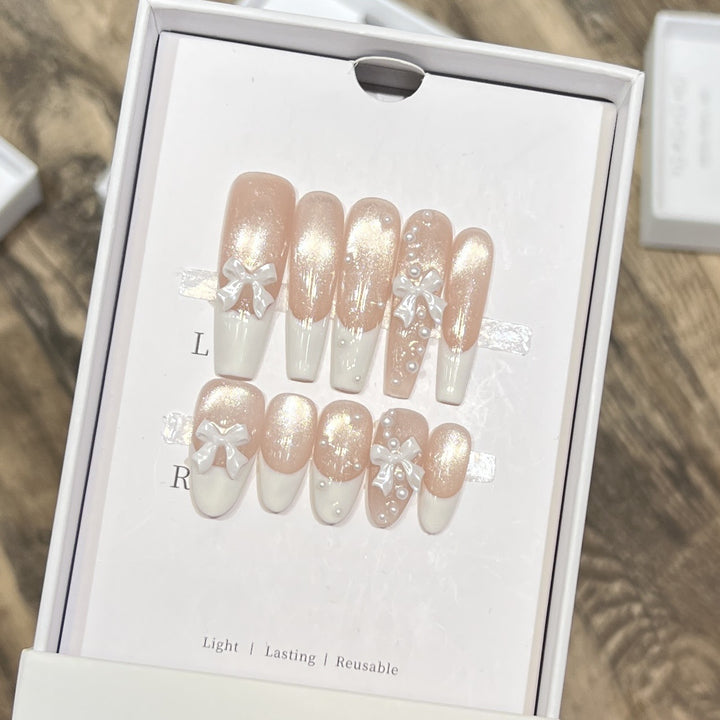 Decorative Long Press-On Nail Set with Bow and Pearl Accents Kalsten