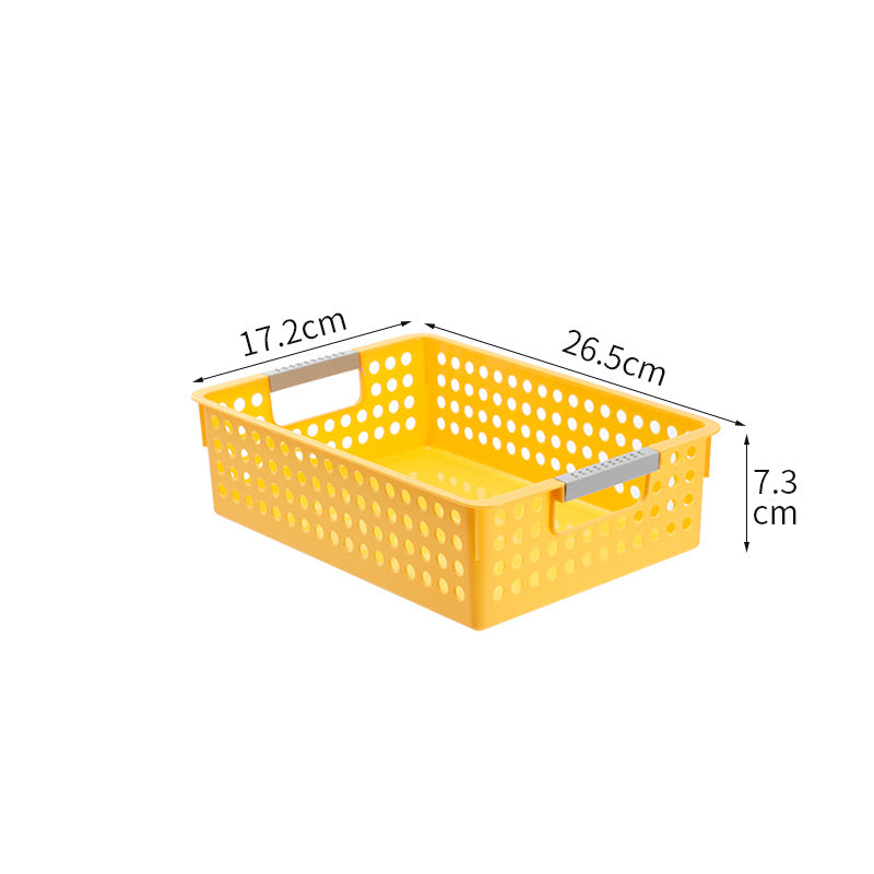 Flat plastic storage box with perforated side wall and grip recesses