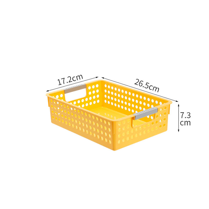 Flat plastic storage box with perforated side wall and grip recesses