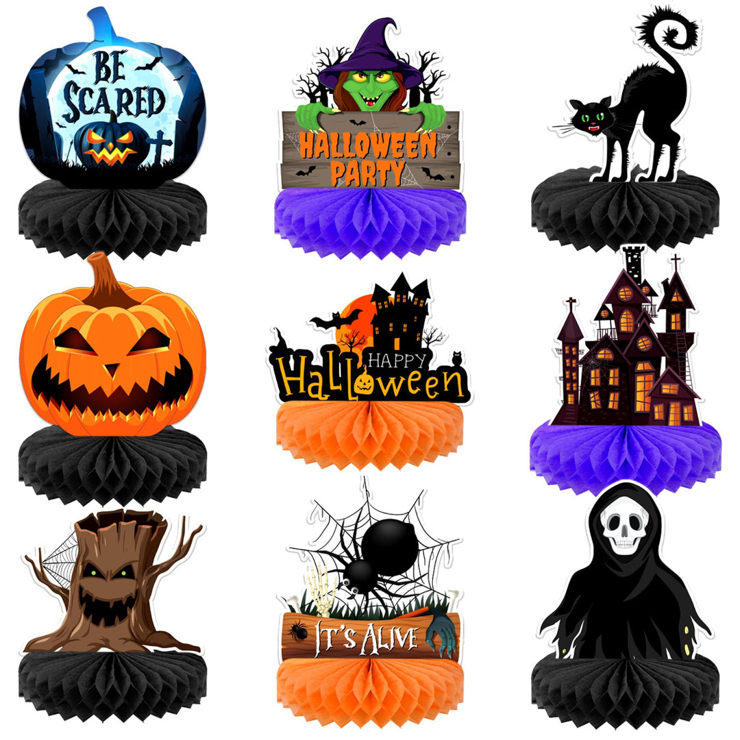 Paper Halloween table decoration with three-dimensional honeycomb centerpieces